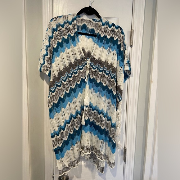 NWT Cupshe One Size Blue White Open Knit Side Tie Tassel Swinsuit Coverup - Picture 1 of 11